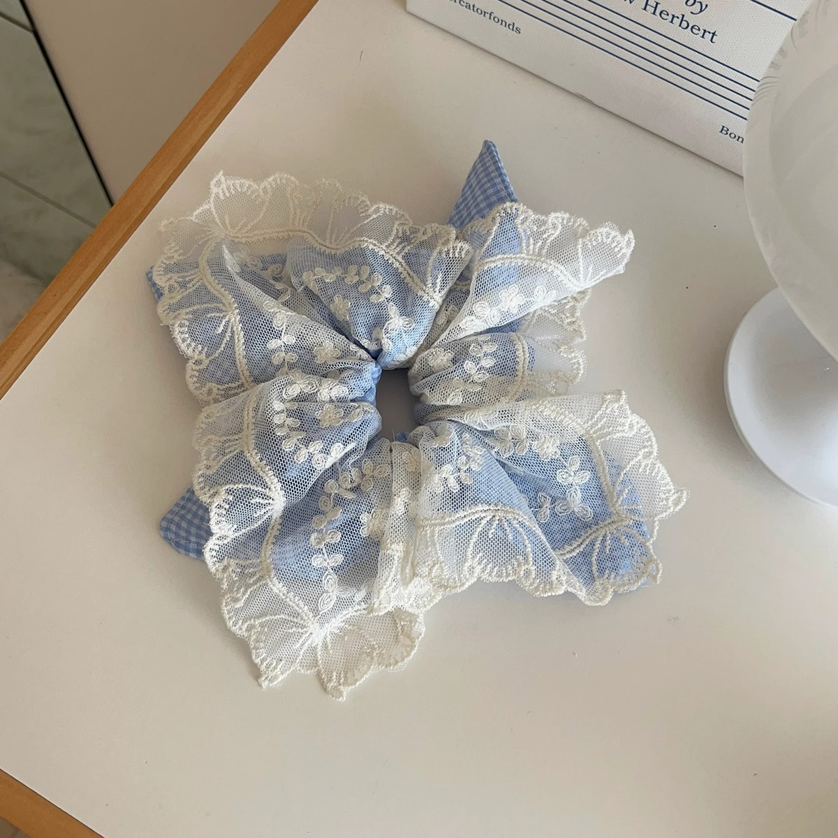 蓝格子蕾丝双拼方巾发圈头绳韩系低马尾扎发皮筋发绳手作风车发饰