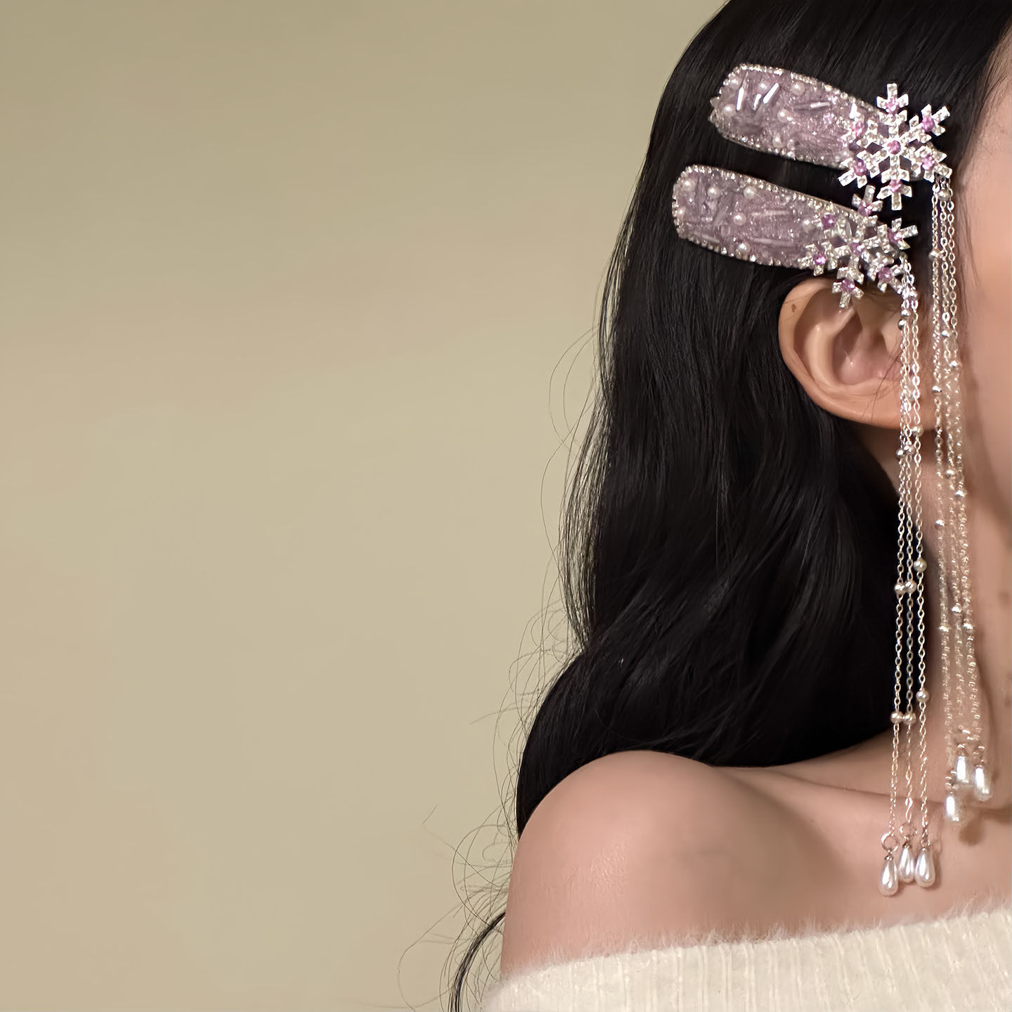 超仙氛围精致感闪钻锆石雪花发夹长款流苏边夹发卡女