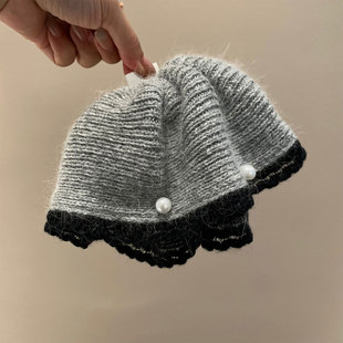 韩系灰色珍珠针织毛线发夹女高马尾固定抓夹高级感半扎发固定发饰