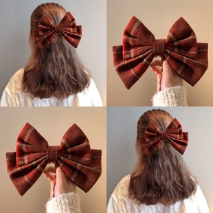 新年复古红色格子蝴蝶结发夹后脑勺半扎发弹簧夹鸭嘴夹高级感头饰