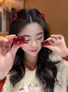 高级感红色蝴蝶结水钻小抓夹女简约气质刘海夹侧边碎发夹子发饰