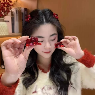高级感红色蝴蝶结水钻小抓夹女简约气质刘海夹侧边碎发夹子发饰