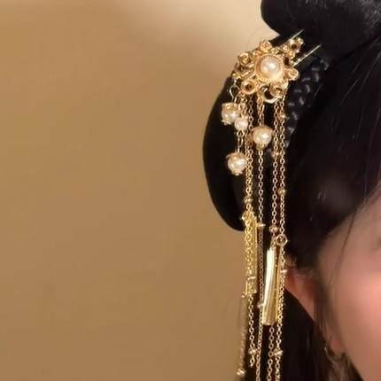 新中式珍珠流苏发钗复古国风汉服旗袍步摇后脑勺簪子百搭发簪头饰