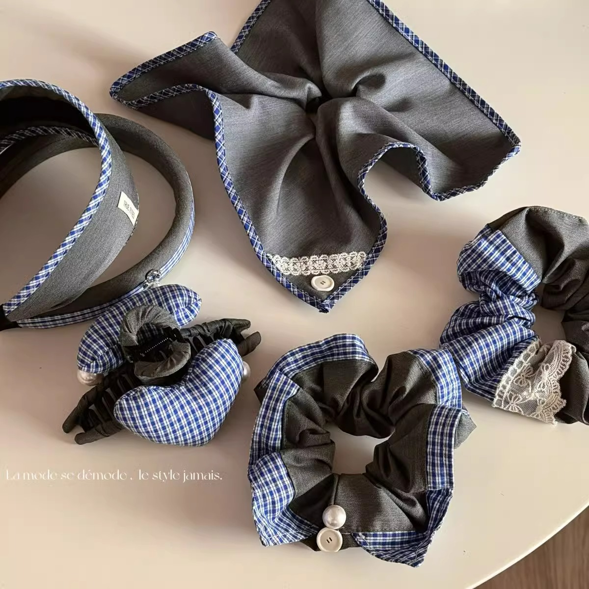 蓝格纹新款灰色发圈甜美少女复古蕾丝布艺大肠圈方巾马尾头绳发饰