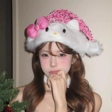 可爱HelloKitty蝴蝶结亮片圣诞帽芭比公主装饰网红拍照道具出片女