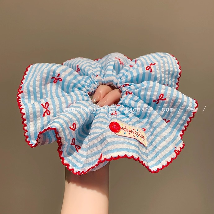 韩系蝴蝶结蓝色条纹大肠发圈女高级感慵懒风超大扎头发头绳发饰