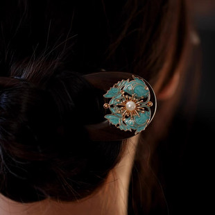 新中式锦鲤烧蓝双插发簪女古风高级感檀木簪子u型发钗旗袍配饰品