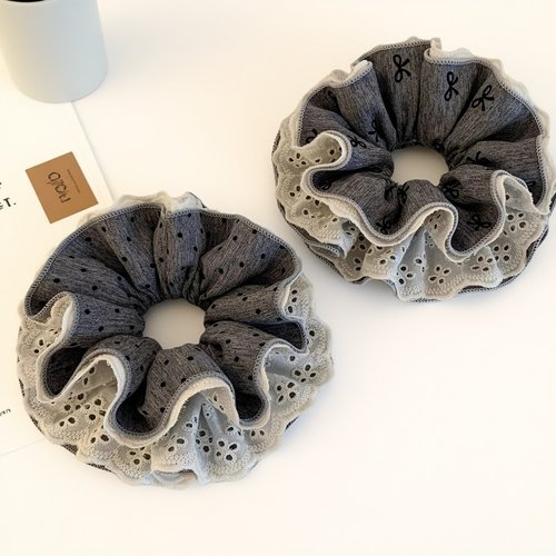 韩系灰色波点蕾丝大肠发圈女慵懒风丸子头超大百搭气质发饰头绳