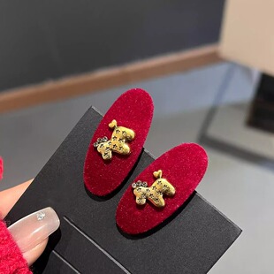 秋冬植绒小马发夹边夹侧边刘海夹子椭圆红色新年发卡鸭嘴夹子发饰