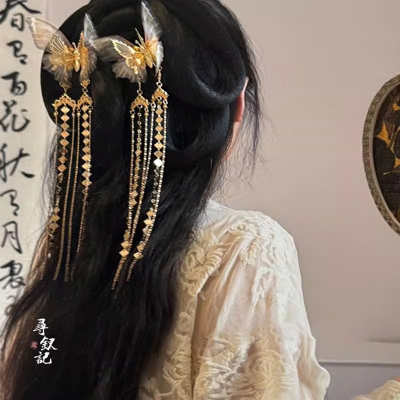 氛围感超仙国风蝴蝶飘带流苏发夹女夏天后脑勺对夹古风汉服发饰