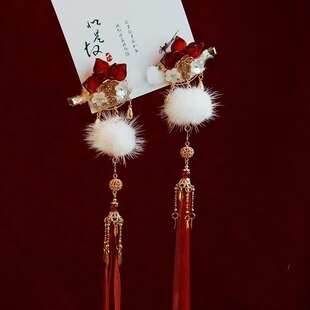 汉服发夹雪落无声设计大红色毛球发饰雪花飘带古风头饰对夹女