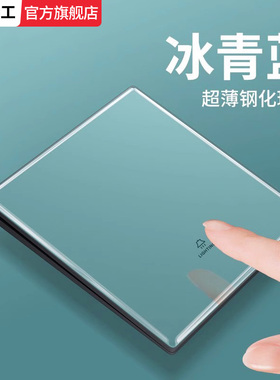 TEP国际电工开关蓝色面板化玻璃镜面插座墙壁家用电灯二4开单控