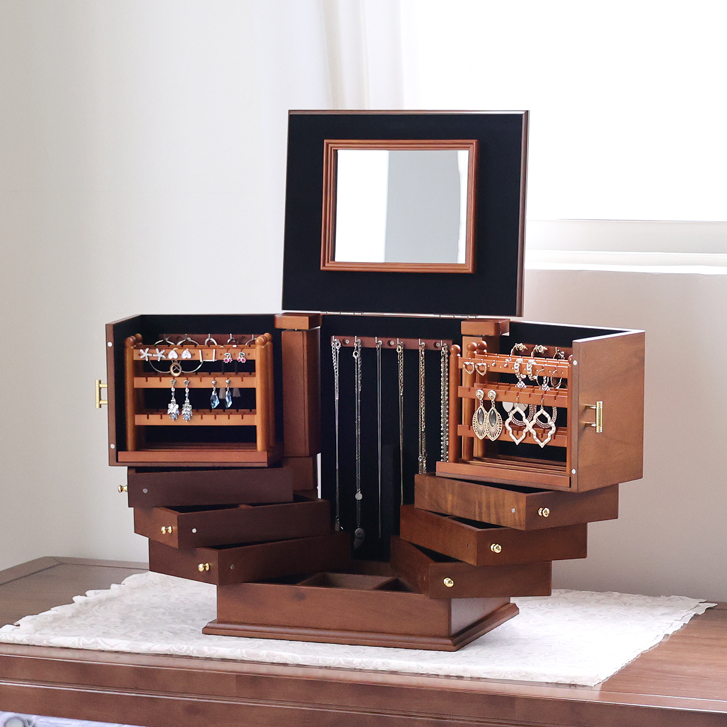 实木质胡桃木色首饰盒高档耳环项链手镯饰品收纳盒多层大容量复古