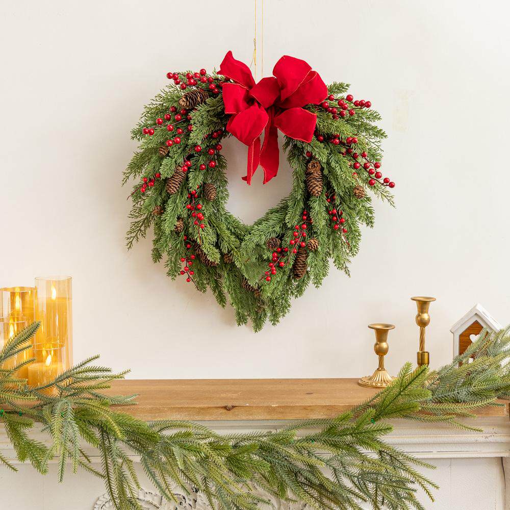 高端50cm圣诞花环红色果子墙面装饰爱心铃铛挂饰圆形咖色系圣诞节