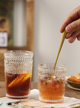 6支装太阳花玻璃杯 ins风浮雕水杯 家用冷水杯复古咖啡杯牛奶果汁