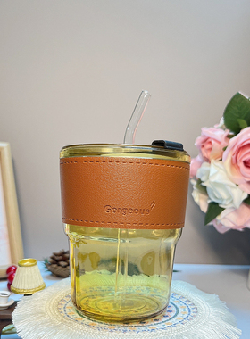 8玻璃吸管杯水杯家用玻璃杯 皮套隔热吸管杯子 果汁杯 咖啡杯学生