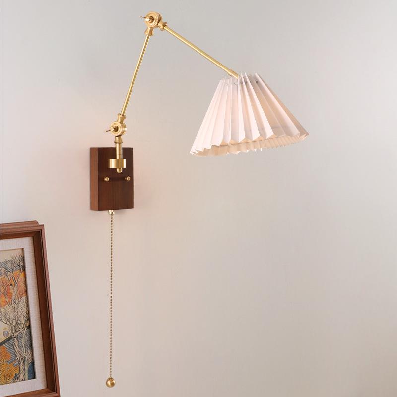 日式百褶壁灯床头卧室餐厅民宿全铜设计师长臂折叠伸缩带拉线开关
