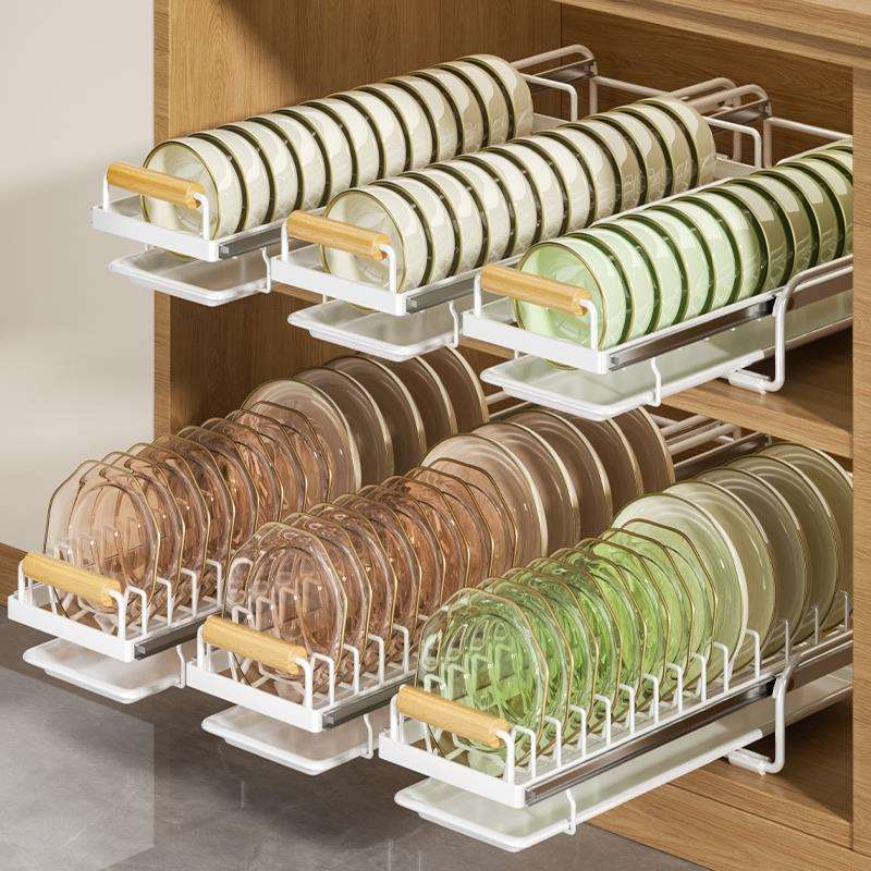厨房抽拉碗碟收纳架橱柜拉篮碗架抽屉式内置碗盘碗篮沥水置物架子