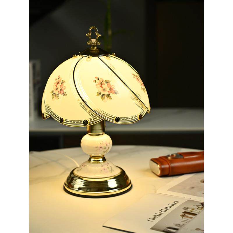 欧式轻奢卧室床头台灯玻璃灯罩触摸无极调光三色变光带表陶瓷台灯