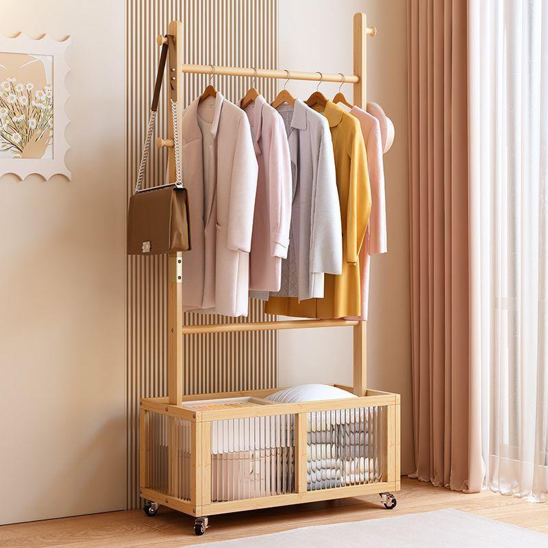 新落地衣帽架可移动收纳藤编卧室简约日式家用房间带脏衣篓挂衣架