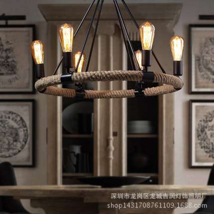 田园美式乡村复古麻绳吊灯创意个性艺术吊灯客厅餐厅饭厅铁艺灯具