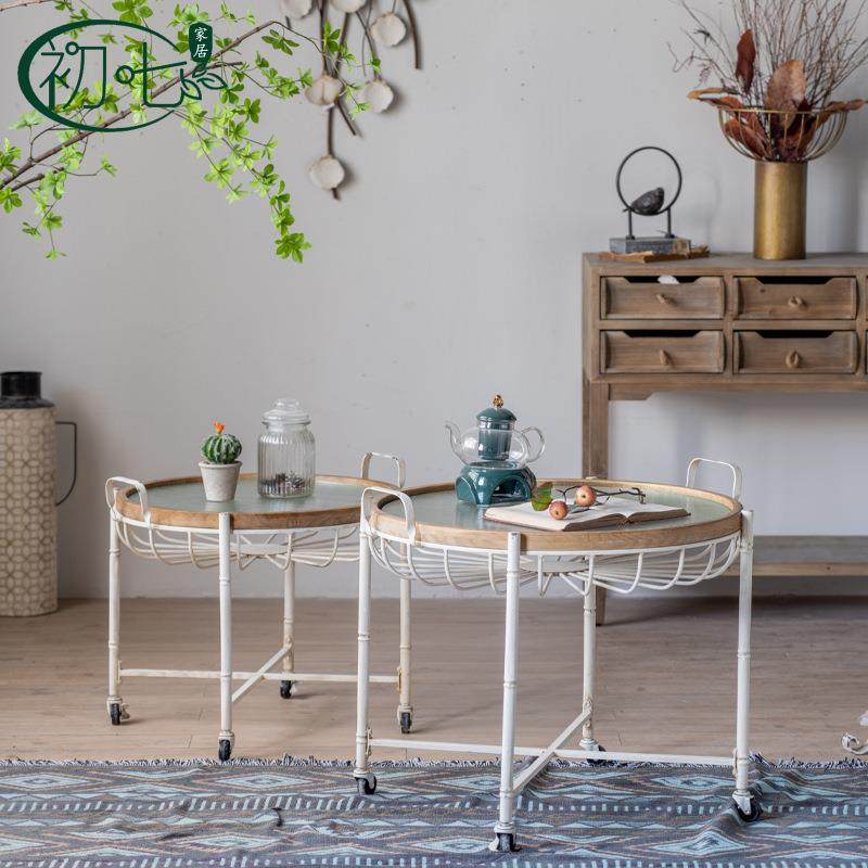 美式复古茶几 客厅沙发边几 复古做旧角几小圆桌婚庆装饰拍摄道具