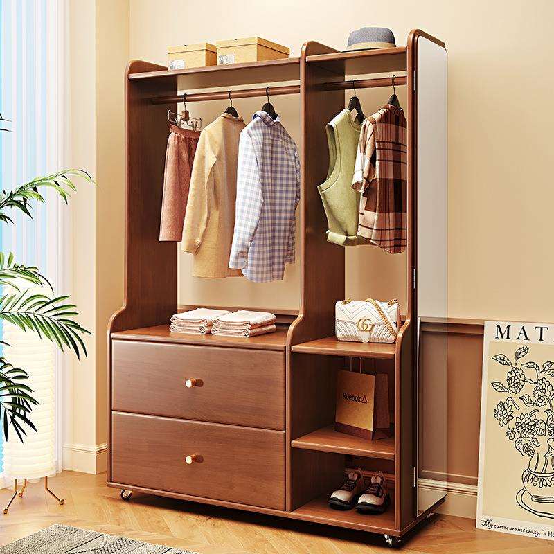 实木衣帽架穿衣镜一体卧室衣架落地带抽屉置物收纳柜可移动挂衣架