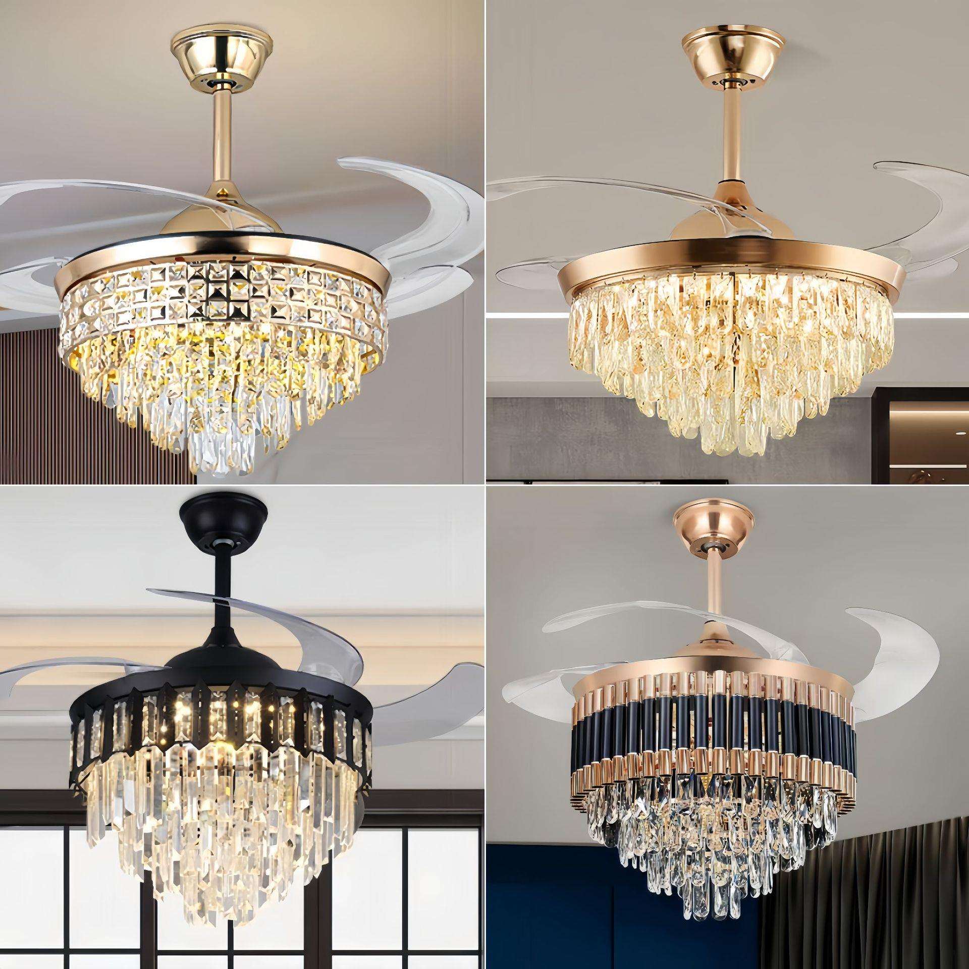 跨境欧式轻奢水晶隐形风扇灯餐厅吊扇灯客厅卧室风扇吊灯一体灯具