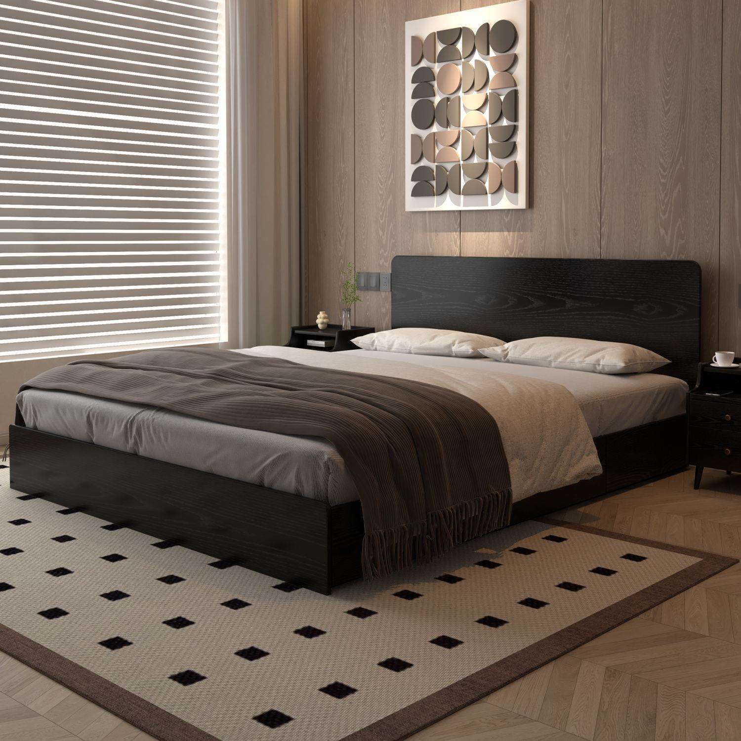 全实木床橡木高箱床1米5简约现代1米8主卧室双人气压箱体齐边黑色