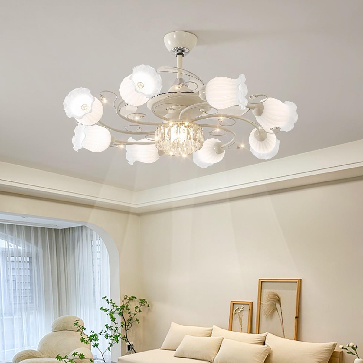 法式奶油风水晶客厅隐形风扇吊灯玻璃灯罩新款护眼餐厅卧室灯具