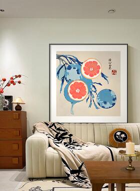 橙色水果餐厅装饰画青花瓷现代简约厨房壁画新中式正方形客厅挂画