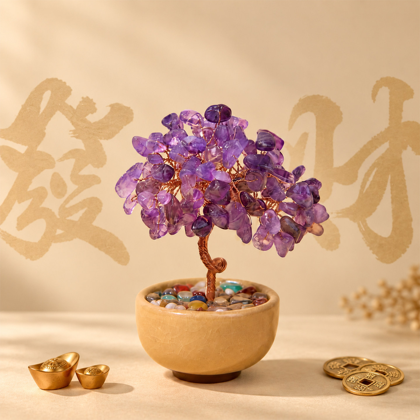 天然黄水晶发财树手工招财摆件