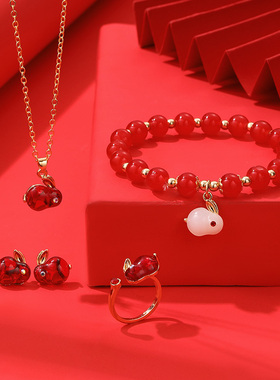 极速国风文艺风萌宠红色玉兔项链套装女J本命年兔子吊坠锁骨链新