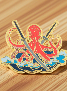 红色章鱼交叉武士刀徽章胸针