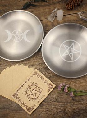 14cm银色摆盘三相月五芒星摆件金属烛台摆台仪式冥想不锈钢盘跨境
