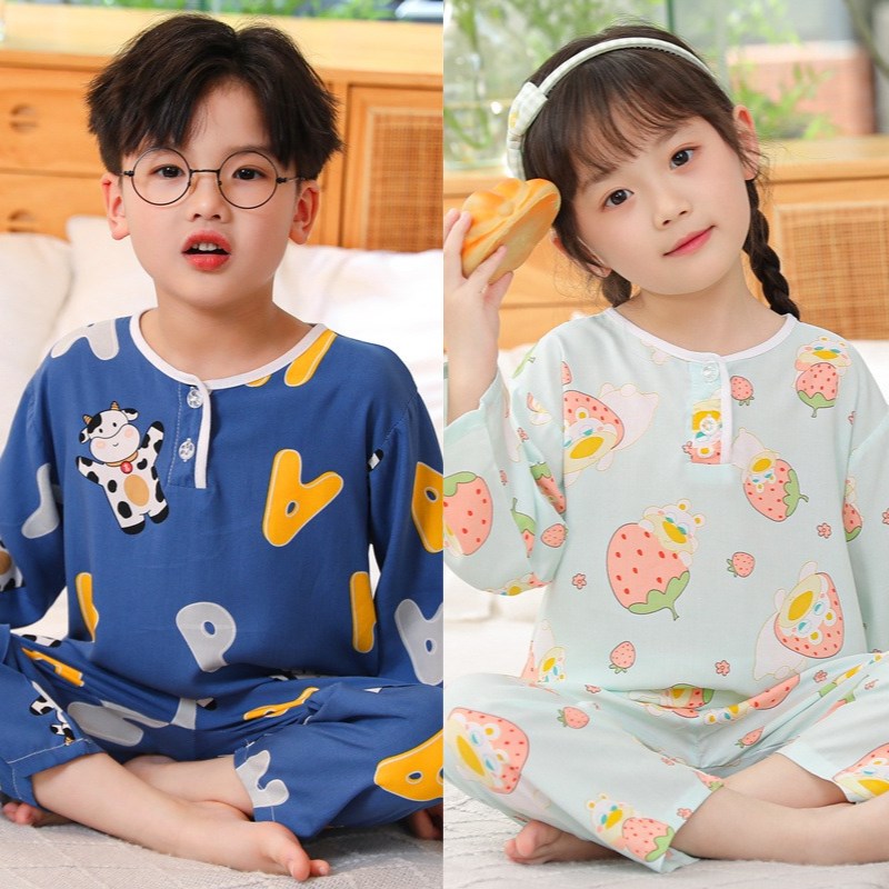 夏季薄款儿童睡衣宝宝小孩棉绸长袖男童空调服绵绸女童卡通家居服