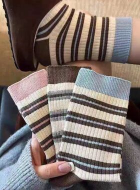 春夏热销女袜彩色条纹中筒堆堆日韩百搭四季女士袜子运动复古撞色