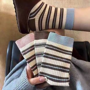 秋冬热销女袜彩色条纹中筒堆堆日韩百搭春秋女士袜子运动复古撞色