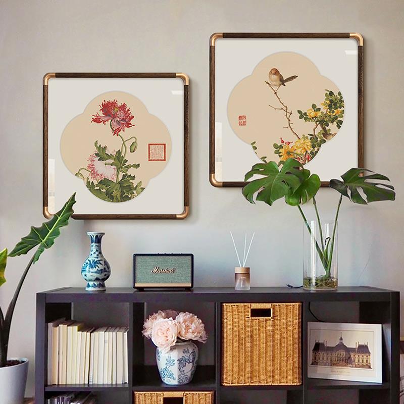 新中式复古装饰画客厅背景墙茶室禅意餐厅挂画郎世宁花鸟牡丹花壁图片
