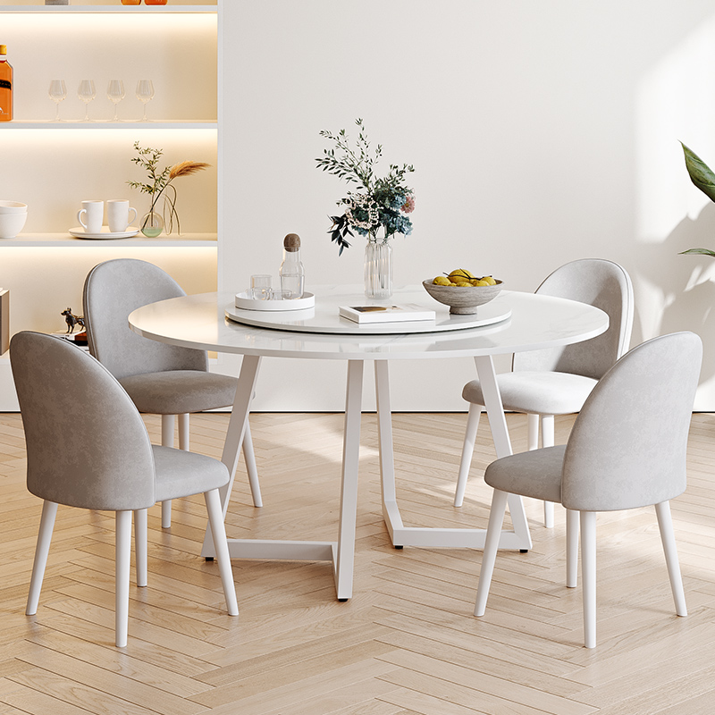 极速奶油风岩板圆形餐桌小户型家用圆桌餐桌M椅组合轻奢网红带转
