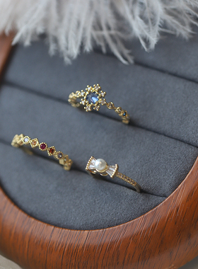 极速微镶彩钻锆石精致蝴蝶结珍珠蓝色宝石开口戒T指女小众设计时