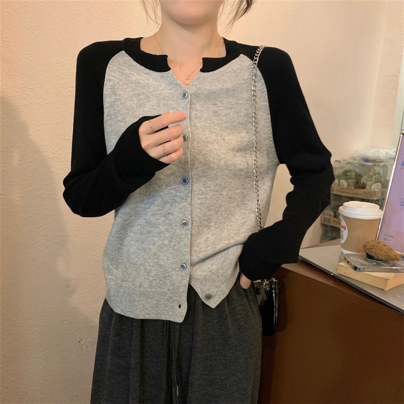 极速suseyiku 秋冬t韩版宽松半开领插肩撞色显瘦针织内搭开衫毛衣