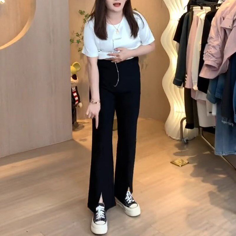 新品大码微喇叭阔腿裤女秋夏季胖mm显瘦前L分叉拖地裤宽松高腰开