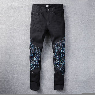 极速Graphic Jeans Men Trousers Men Fashion High Set MeZn Bla