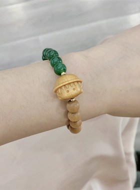 极速天然和田玉碧玉搭配檀木樱桃小丸子单圈O女款手链 可爱甜美系