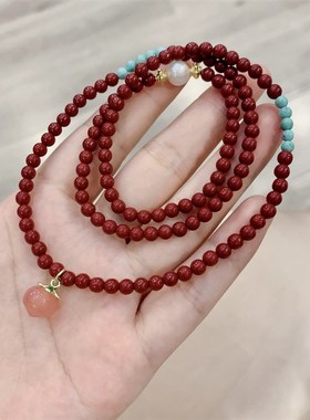 极速原矿珠子搭配天然绿松石v三圈女款手链 盐源玛瑙小桃子 绿松