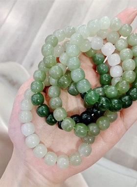 极速天然和田玉冰透湖水绿渐变色老型珠女款手R链 深浅每条不同随