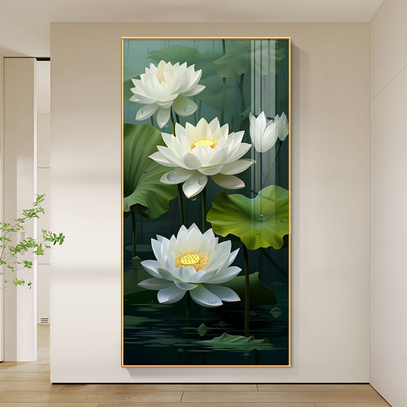 极速荷花装饰画新k中式入户玄关挂画客厅走廊过道尽头竖版莲花壁图片