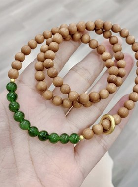 极速天然和田玉碧玉搭q配老山檀多圈女款手链 和田玉搭配木质小众