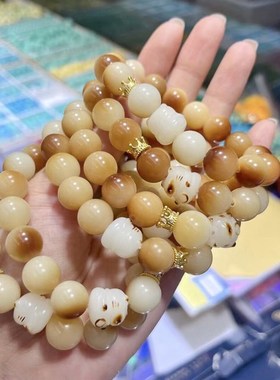 极速糖色菩提根搭配碳烤招财w猫单圈女款手链 飘糖色菩提子文玩手